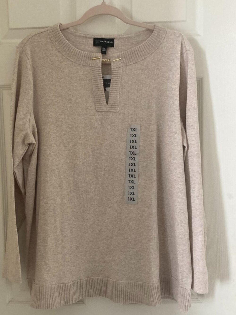 NWT Rafaella Beige Keyhole Neck Gold Chain Detail Sweater Top 1XL